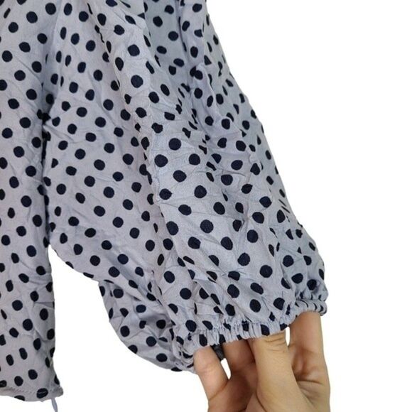 FREE PEOPLE Top Womens 2 Dusty Blue Polka Dot Puff Sleeve Blouse Cropped Shirt - Picture 5 of 12